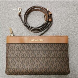 Michael Kors MK Brown Monogram Leather Zip Mini Sling Bag Clutch